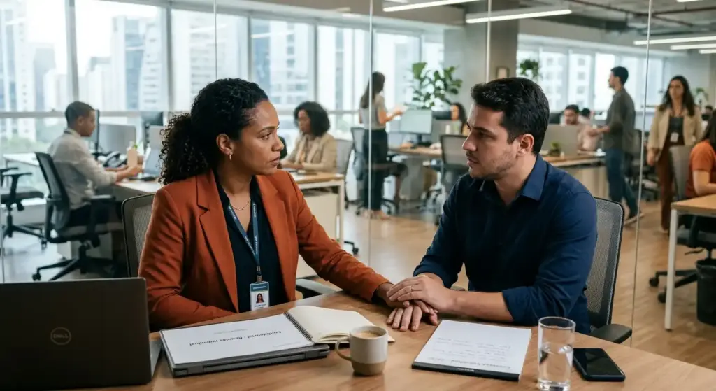 Cena de reunião no escritório, com profissionais discutindo sobre layoffs, direitos trabalhistas e legislações no Brasil.