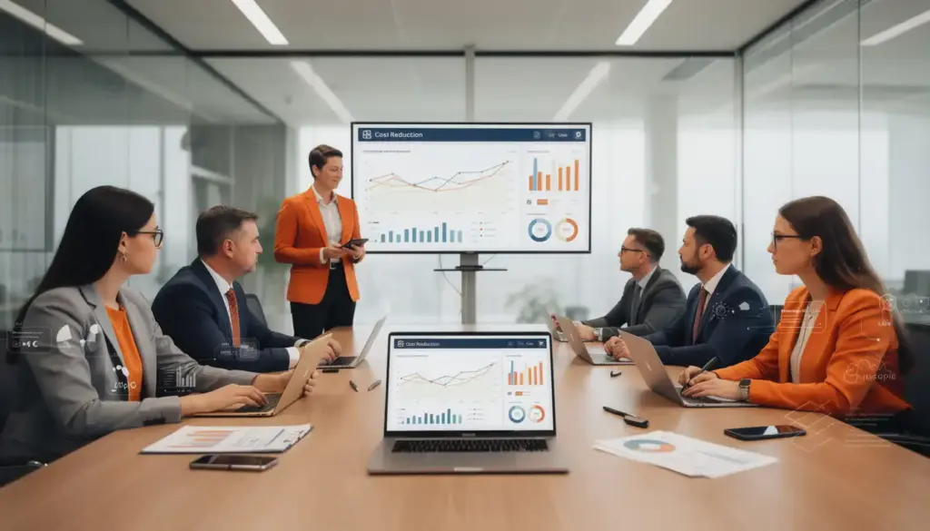 Reunião empresarial discutindo cortes de custos e impacto do layoff na empresa, destacando informações sobre o funcionamento e legislação do layoff no Brasil.