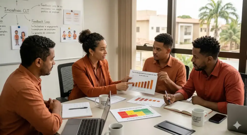 Reunião de equipe discutindo eNPS: o que é, como calcular e como melhorar o engajamento no ambiente corporativo.