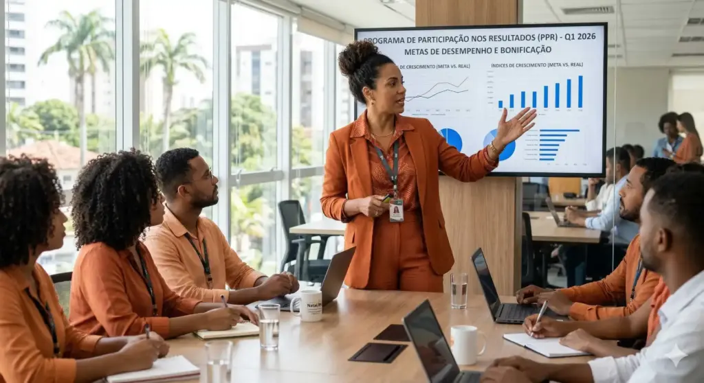 Reunião de equipe em ambiente empresarial com apresentação sobre PPR, metas de desempenho e diferenciais do PPR em relação ao PLR