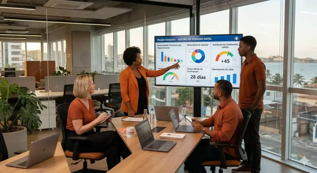 Reunião de equipe em ambiente de escritório apresentando dados e análises sobre HR Tech, destacando sua importância na gestão de recursos humanos.