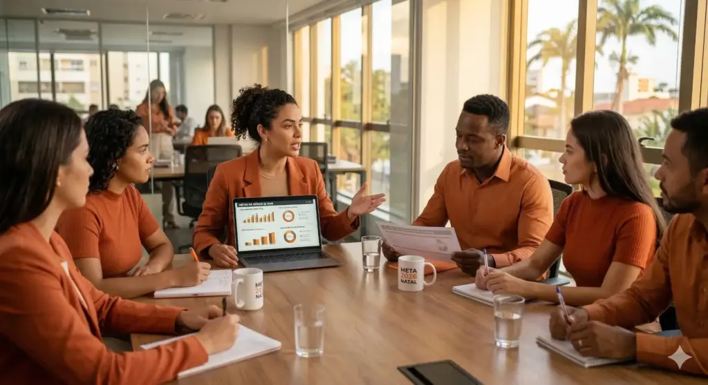 Reunião de equipe discutindo estratégias de marketing digital para entender PPR: o que é, como funciona e diferença com PLR em ambiente de escritório moderno.