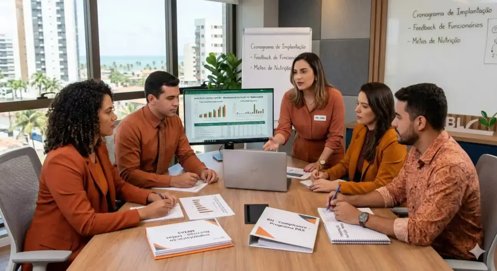 Reunião de uma equipe em ambiente corporativo analisando dados e estratégias no contexto do Programa de Alimentação do Trabalhador (PAT).