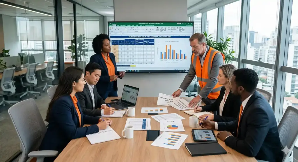 Reunião de equipe discutindo o SESMT: o que é, atribuições, dimensionamento e regras NR-4 em uma sala de reunião moderna com profissionais usando vestuário de segurança.