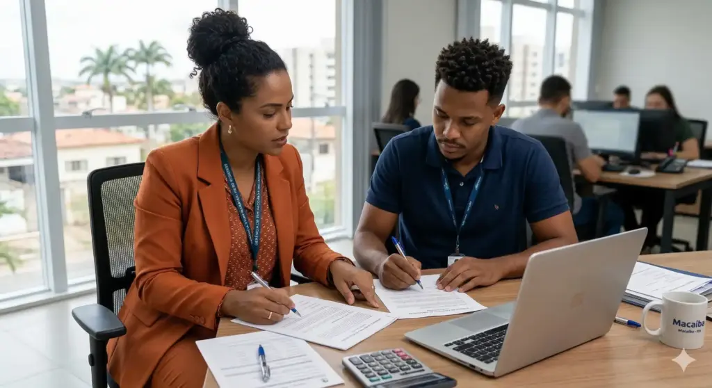 Duas pessoas em uma reunião de trabalho na frente de um laptop, com documentos e calculadora, no escritório, discutindo homologação trabalhista e documentos necessários.
