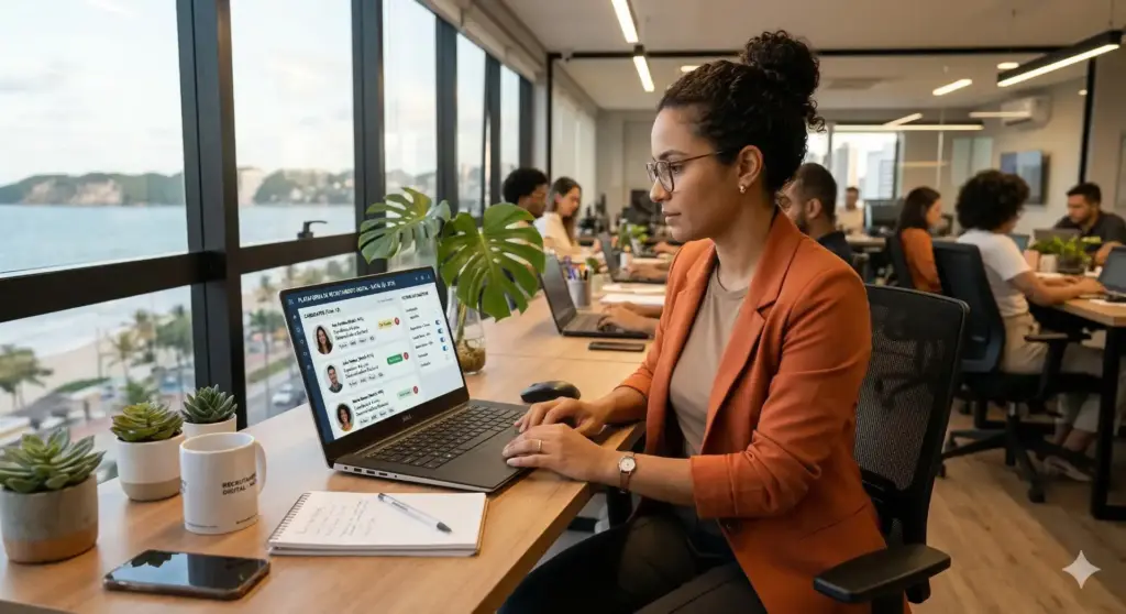 Profissional de RH trabalhando em escritório moderno com vista para o rio, com várias pessoas ao fundo usando laptops, destacando o uso de tecnologia na gestão de recursos humanos.
