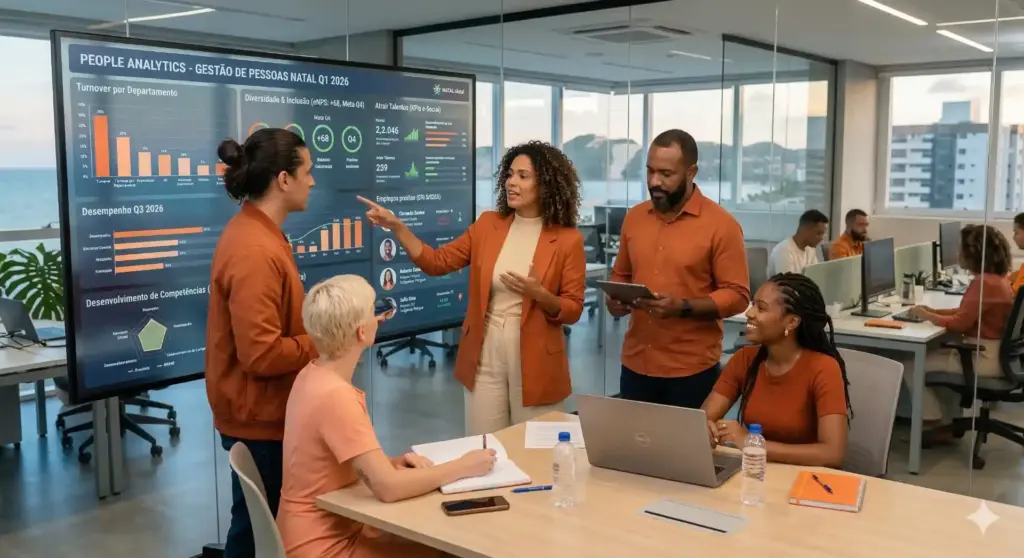 Equipe de profissionais em uma reunião de RH discutindo análises de dados de pessoas e gestão de talentos usando tecnologia avançada em um ambiente corporativo moderno e bem iluminado.