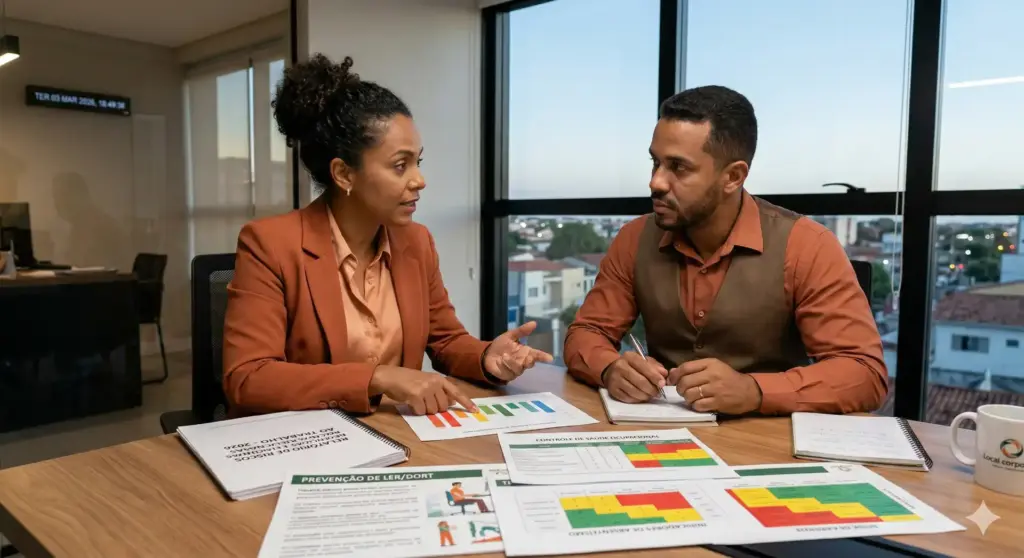Reunião entre profissionais discutindo prevenção de doenças ocupacionais com gráficos e documentos sobre saúde no ambiente de trabalho.