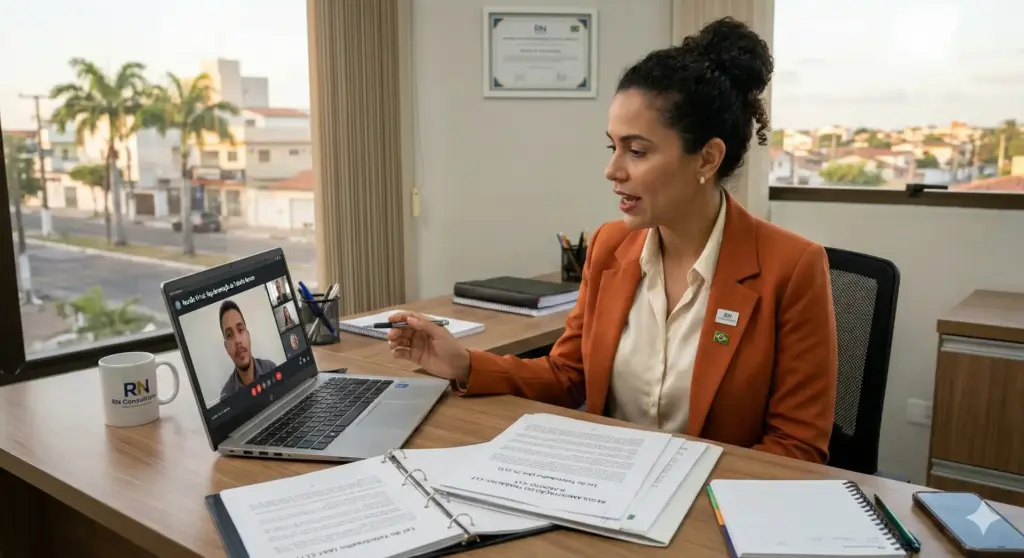 Mulher em ambiente de escritório participando de reunião sobre trabalho remoto, regras da CLT e implementação na empresa, com documentos e laptop na mesa.