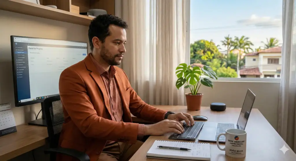 Homem trabalhando remotamente em um escritório com vista para a natureza, representando o conceito de trabalho remoto e regras da CLT.