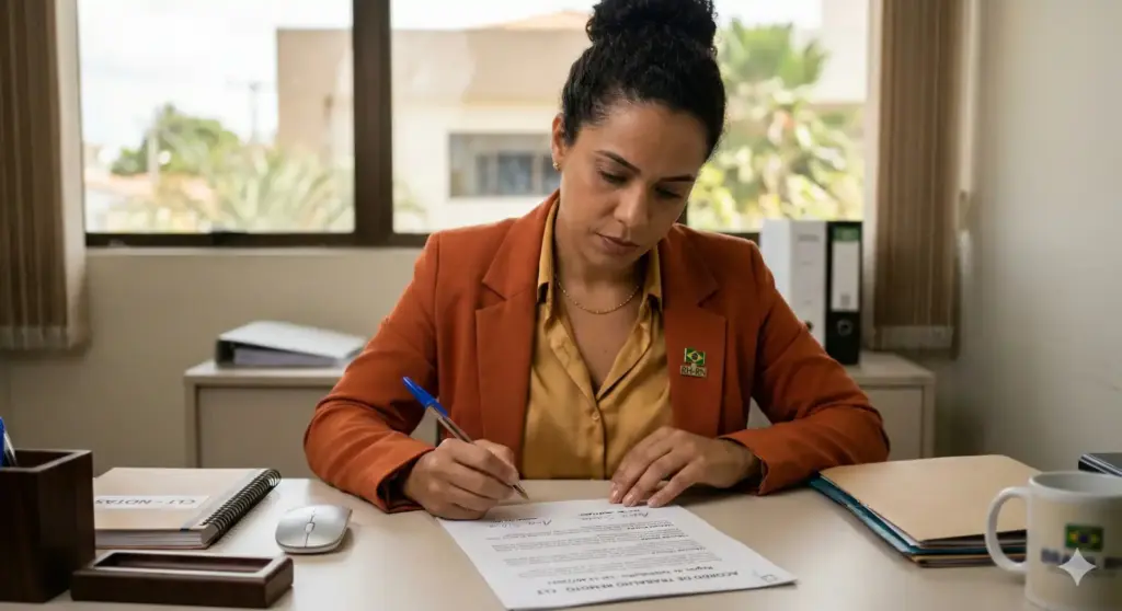 Mulher de escritório assinando documento sobre trabalho remoto, regras da CLT e implementação na empresa.