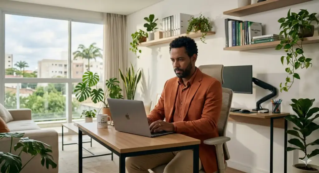 Homem trabalhando remotamente em um escritório moderno com plantas e computador portátil, exemplificando o trabalho remoto e suas regras.
