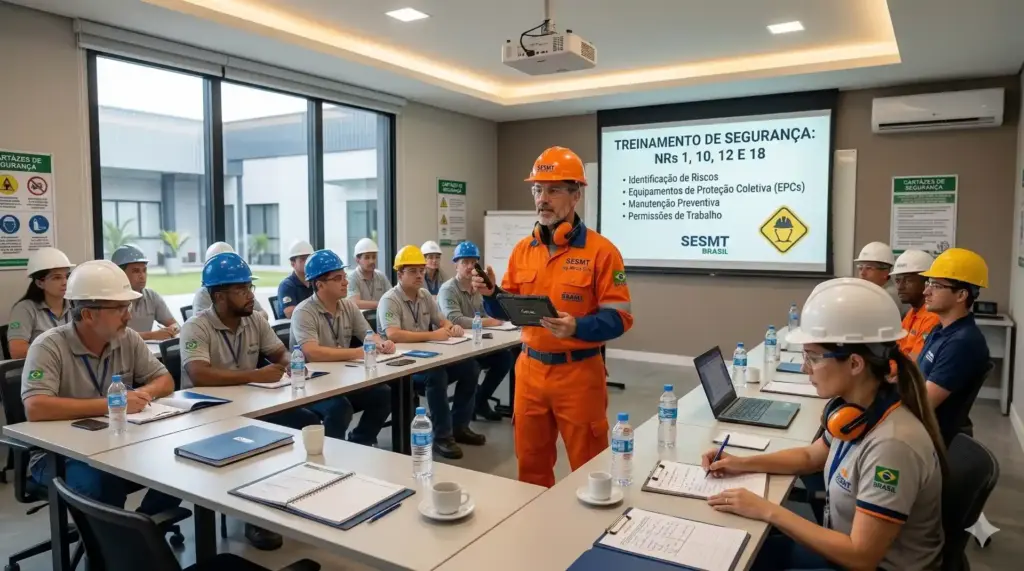 Treinamento de segurança realizado pelo SESMT com trabalhadores usando equipamentos de proteção individual na sala de aula.