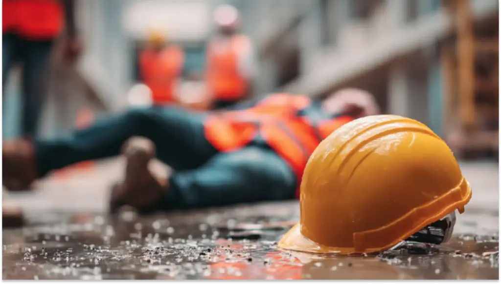 Acidente de construção civil com trabalhador de capacete amarelo caído no chão de uma obra.