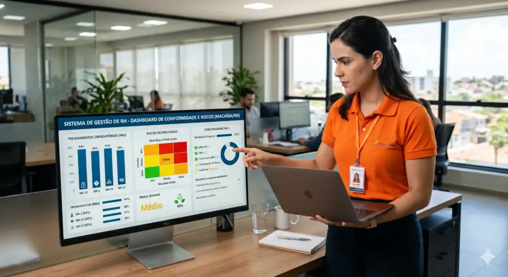 Profissional de Recursos Humanos analisando dados do sistema de gestão de RH relacionado à NR-1, com foco nas mudanças implementadas em 2026 e orientações para o RH.