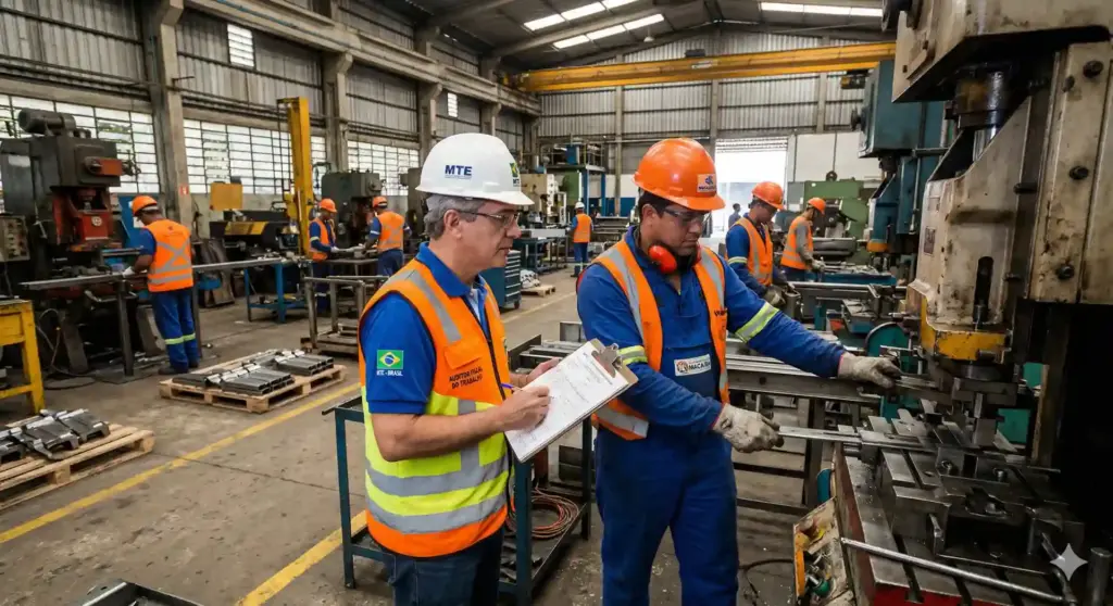 Auditor fiscal do trabalho inspecionando uma fábrica com trabalhadores em operação. A empresa deve se preparar para a visita do auditor, mantendo documentos atualizados e ambiente em conformidade.