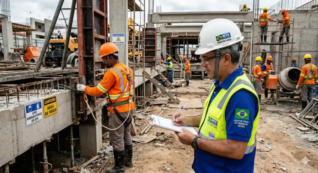 Auditor fiscal do trabalho supervisando obra de construção civil, com equipe de trabalhadores usando equipamentos de proteção na frente de estrutura em construção.