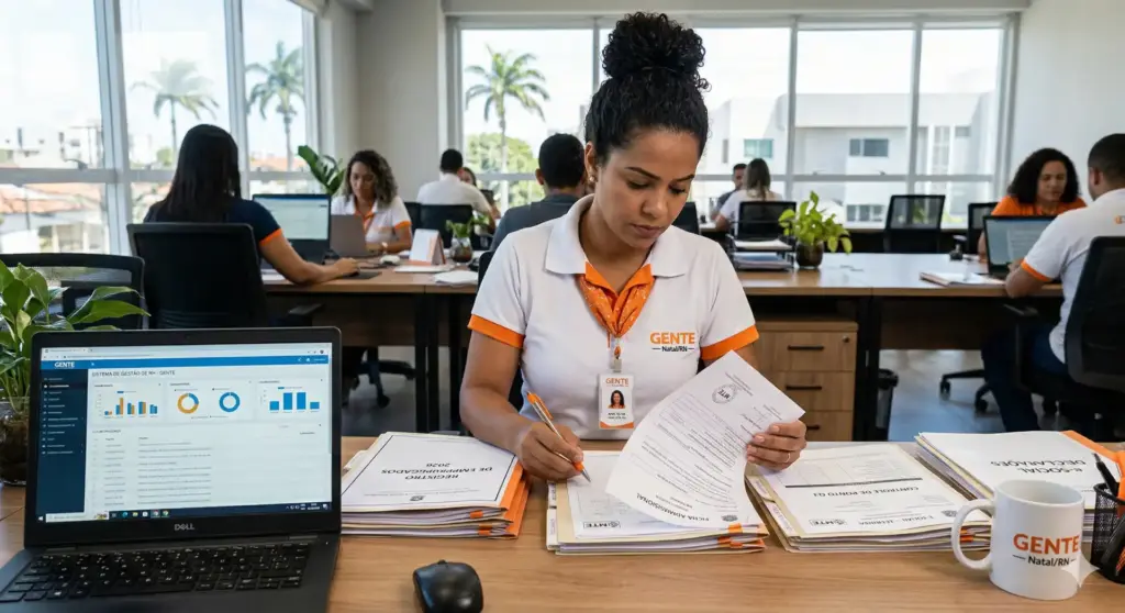 Auditor fiscal do trabalho revisando documentos na empresa, com computador e demais profissionais ao fundo, simbolizando preparação para fiscalização.