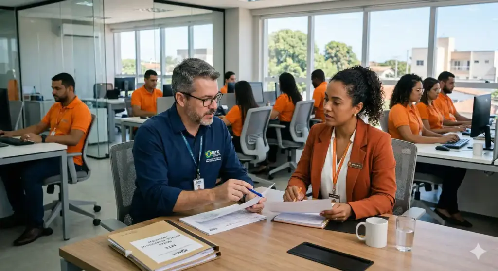 Auditora fiscal do trabalho em reunião de equipe, analisando documentos em ambiente de escritório para garantir conformidade e preparação da empresa.