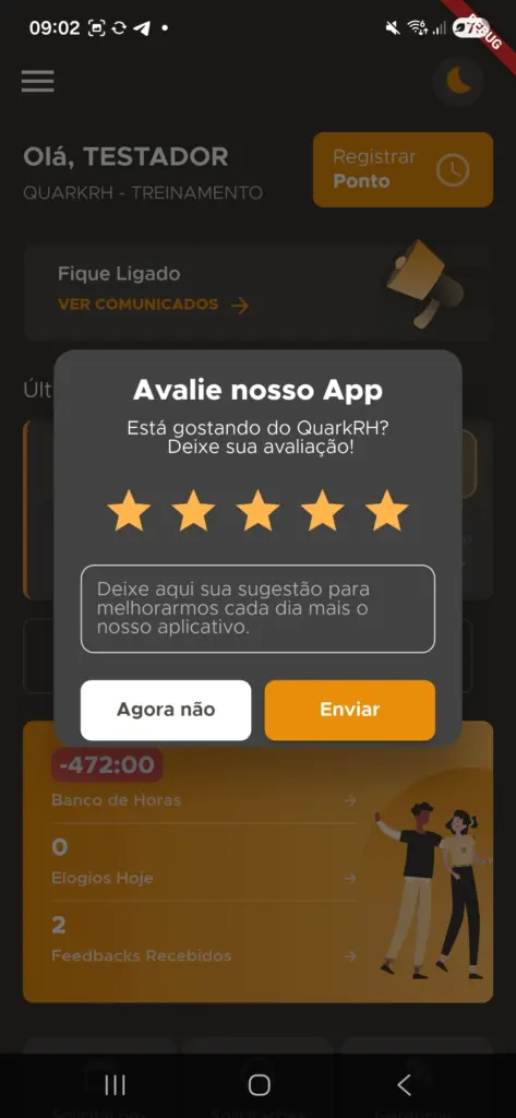 Tela de avaliação de aplicativo QuarkRH, destacando melhorias de março com foco em controle, automação e eficiência para RH e Departamento Pessoal.