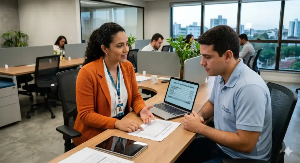 Consultor e cliente discutem cálculo de férias proporcionais em ambiente de escritório, com computador e documentos na mesa, para entender fórmula e exemplos