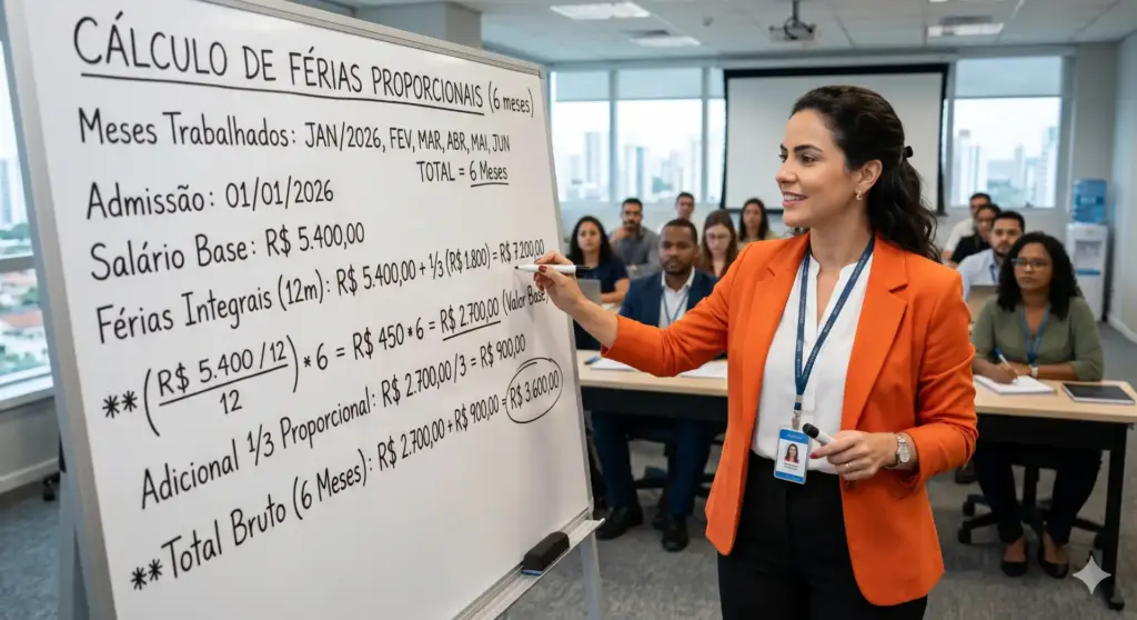 Professora explicando cálculo de férias proporcionais através de fórmula e exemplos em sala de aula moderna com alunos atentos.
