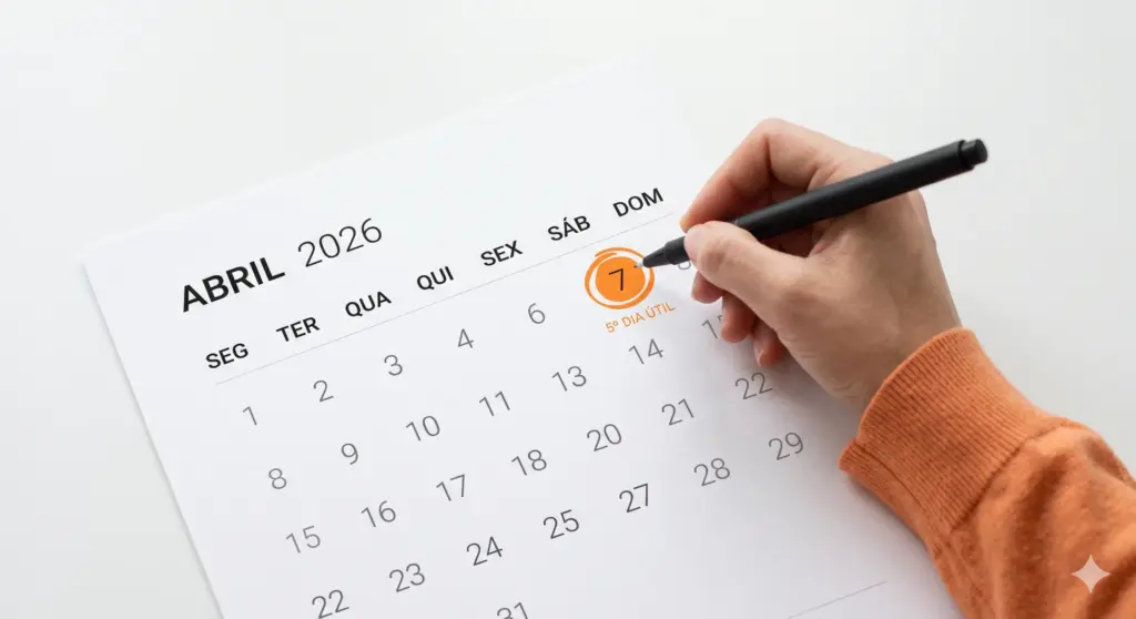 Imagem de calendário de abril de 2026 marcando o quinto dia útil, que cai na quarta-feira, com uma pessoa destacando a data com uma caneta preta.