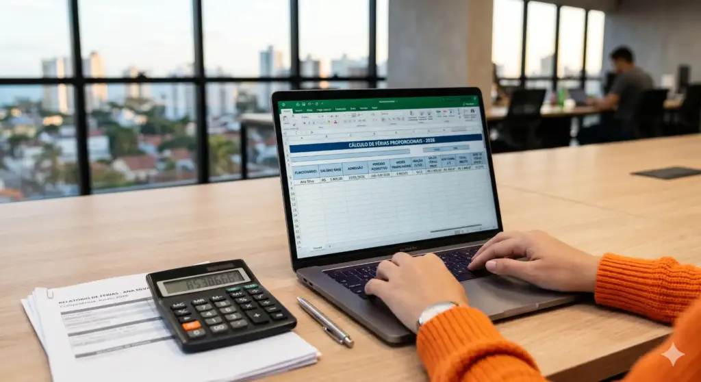 Pessoa trabalhando em planilha de cálculo de férias proporcionais no computador de um escritório bem iluminado com vista para a cidade.