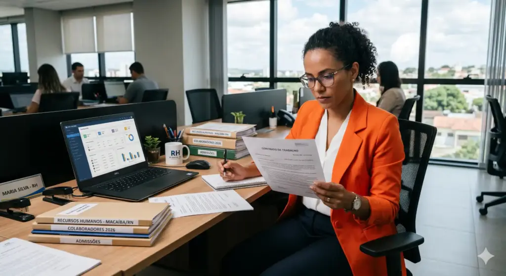 Mulher de cabelo cacheado lendo documento de contrato de trabalho em ambiente de escritório com pessoas ao fundo e computador com gráficos na mesa