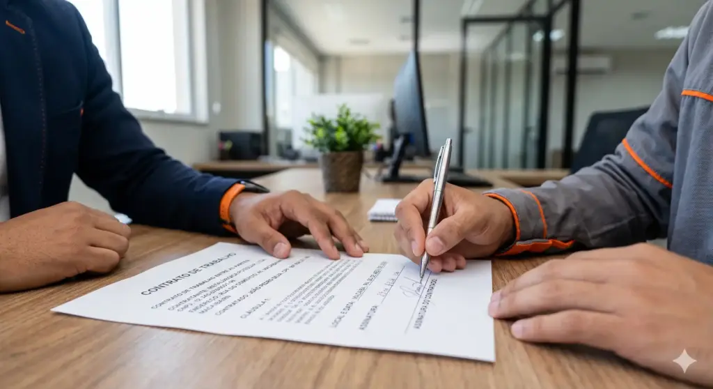Pessoa assinando contrato de trabalho em escritório, ilustrando pontos importantes sobre tipos, funcionamento e o que não pode faltar.