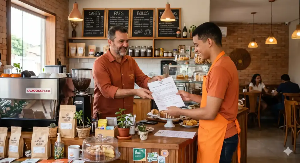 Homem recebendo assinatura de um contrato de trabalho de um funcionário em uma cafeteria, ilustrando tipos e funcionamento de contratos de trabalho.
