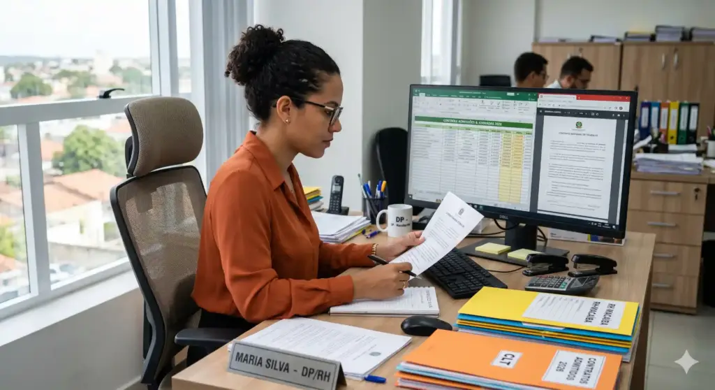 Profissional analisando contrato de trabalho com computador e documentos no escritório, ilustrando tipos, funcionamento e itens essenciais do contrato de trabalho.
