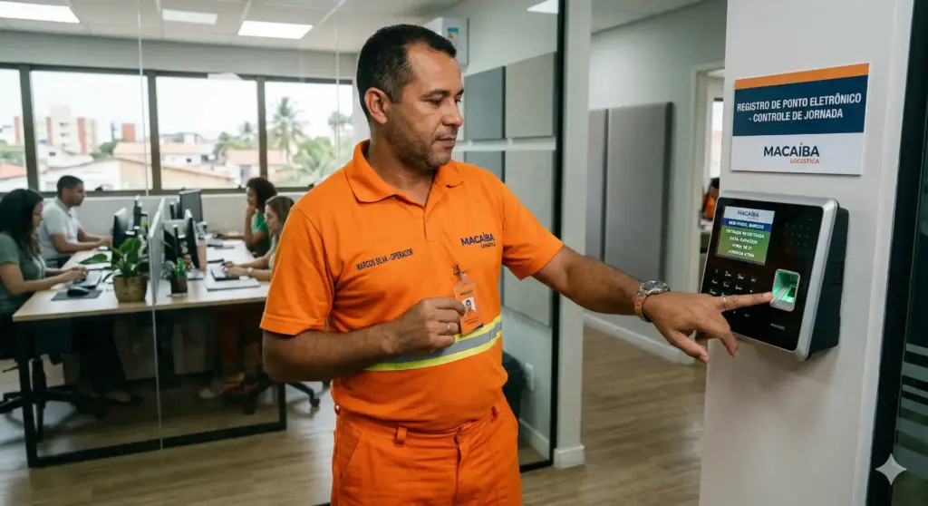 Homem usando uniforme laranja interagindo com sistema de controle eletrônico de ponto no trabalho.