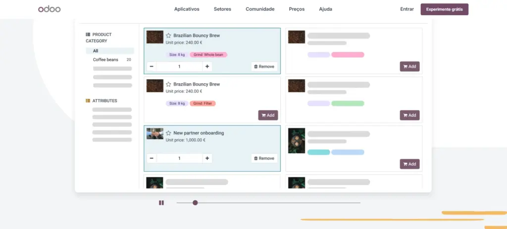 Imagem de uma tela de dashboard de plataforma de comércio eletrônico Odoo, exibindo produtos e opções de gestão de estoque, com foco em gestão de produtos.