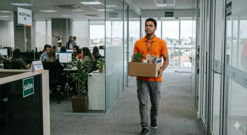 Pessoa demitida sem justa causa caminhando pelo escritório após o término do contrato, refletindo sobre direitos, multa e funcionamento na demissão