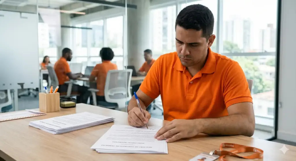 Homem assinando documento em escritório moderno, explicando direitos na demissão sem justa causa, incluindo multa e como funciona esse processo trabalhista.