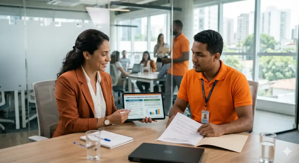 Conversa sobre direitos em caso de demissão sem justa causa, com destaque para multa e funcionamento do processo, em ambiente de escritório moderno.