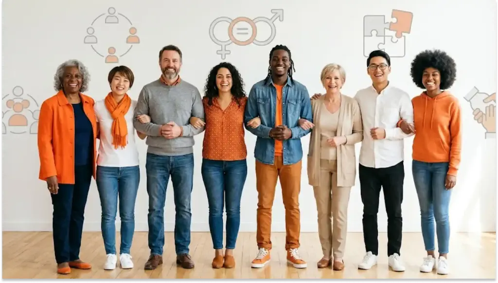 Grupo diversificado de pessoas de diferentes idades e etnias sorrindo e de braços dados, representando inclusão e diversidade no ambiente de trabalho.