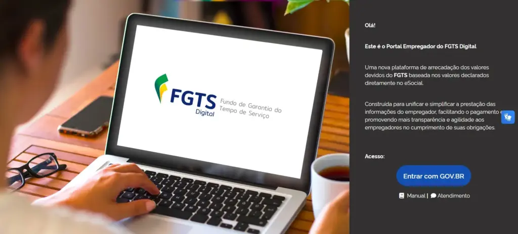 Imagem de um laptop exibindo a plataforma FGTS Digital, destacando a importância para empresas utilizarem essa ferramenta em ações trabalhistas, com uma pessoa ao lado e um ambiente de escritório ao fundo.