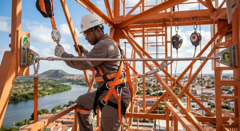 Engenheiro segurando instrumentos de segurança em uma estrutura metálica de uma construção, reforçando a importância do uso de EPIs de acordo com NR 35.