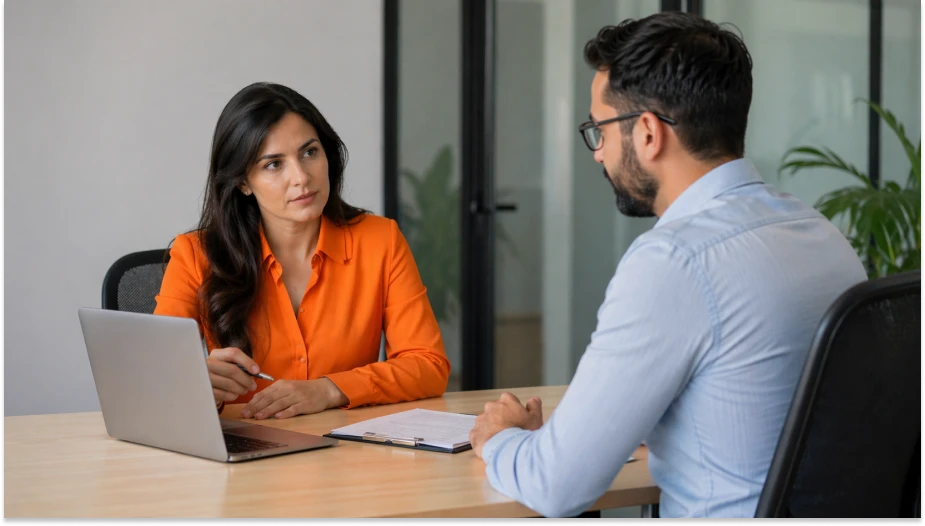 Mulher em entrevista de emprego falando com homem em escritório, com expressão profissional e atenção.