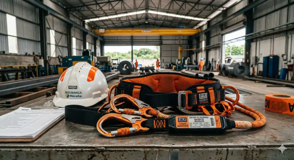 Equipamentos de segurança e EPIs em ambiente industrial, relacionados às regras da NR 35 para trabalhos em altura, como capacete, cinto de segurança e cabos de proteção.