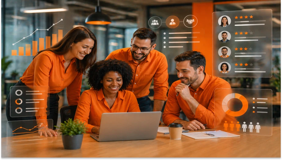 Equipe de colaboradores trabalhando com análises e avaliações no ambiente de escritório, utilizando tecnologia com projeções de dados, gráficos e avaliações de desempenho.