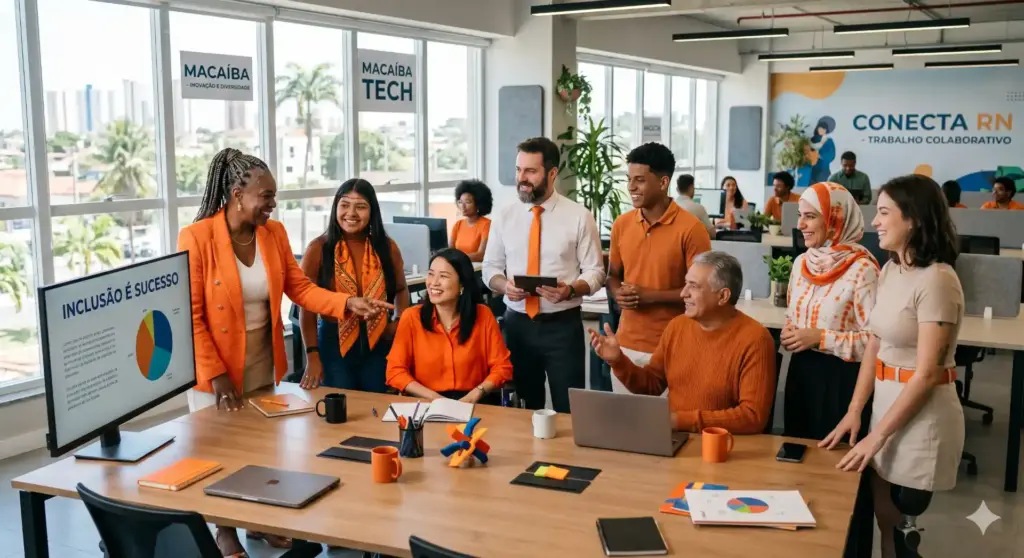 Equipe diversificada em ambiente de trabalho colaborativo discutindo inclusão, equidade e diversidade na empresa.