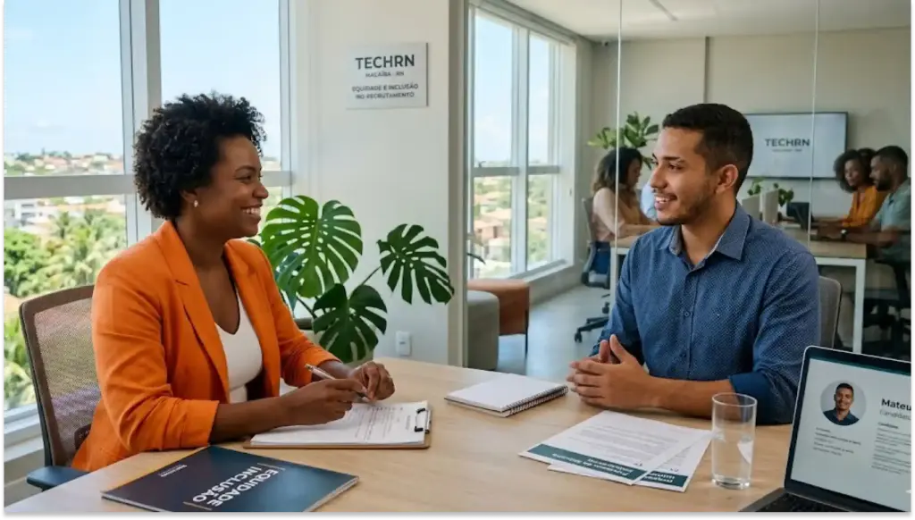 Reunião de equipe empresarial promovendo diversidade, equidade e inclusão (DEI), com colaboradores de diferentes origens conversando e colaborando.