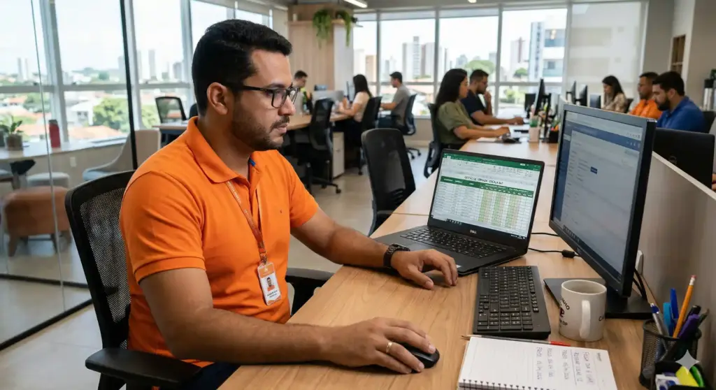 Imagem de um trabalhador em um escritório, usando headset e computador, ilustrando o tema de escala 6x1 e a legislação atual.