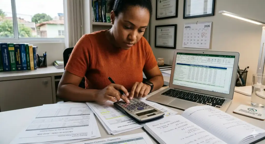Mulher trabalhando no escritório com computador, calculadora e documentos, explicando regras de férias pela CLT em 2026