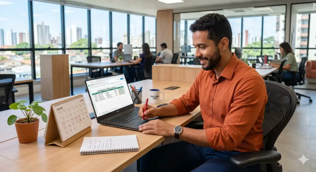 Profissional trabalhando em escritório moderno, com foco em cálculo de férias, relembrando regras da CLT 2026, sobre pagamento e direitos dos empregados.