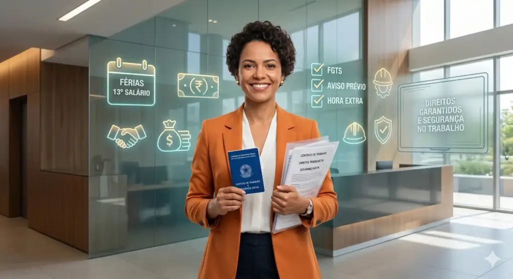 Mulher sorridente segurando documentos de férias pelo CLT, com ícones ilustrando regras, cálculo e pagamento de férias na tela digital em fundo de escritório.