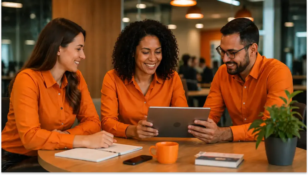 Três profissionais de branco laranja discutindo gestão comportamental usando tablet, evidenciando aplicação na empresa.